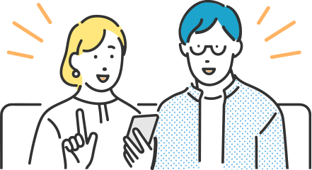 男女がスマホで家具のイベントやセールを検索するイラスト