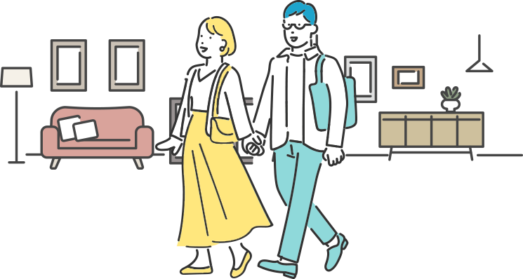 男女が家具のイベントやセールに参加して会場を見て回っているイラスト